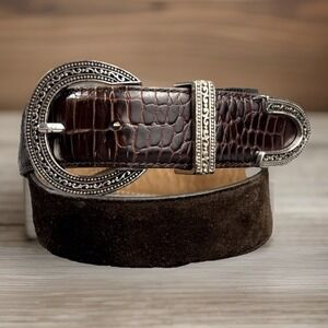 Brighton Chocolate Brown Belt M/30‎ Suede Croc Embossed Leather B30748